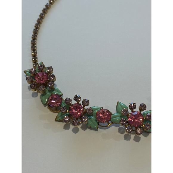 Vintage 40's Pink Purple Rhinestones Green Enamel Necklace - Picture 4 of 7